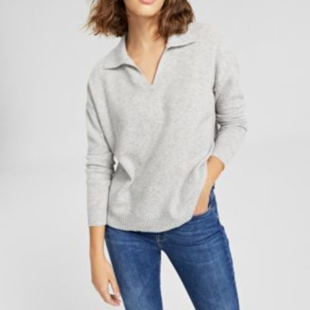 SIZE:XS CHARTER CLUB HEATHER GRAY CASHMERE LNG SLV SWEATER W/JOHNNY COLLAR